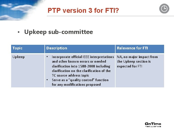 PTP version 3 for FTI? • Upkeep sub-committee Topic Description Upkeep • • Relevance