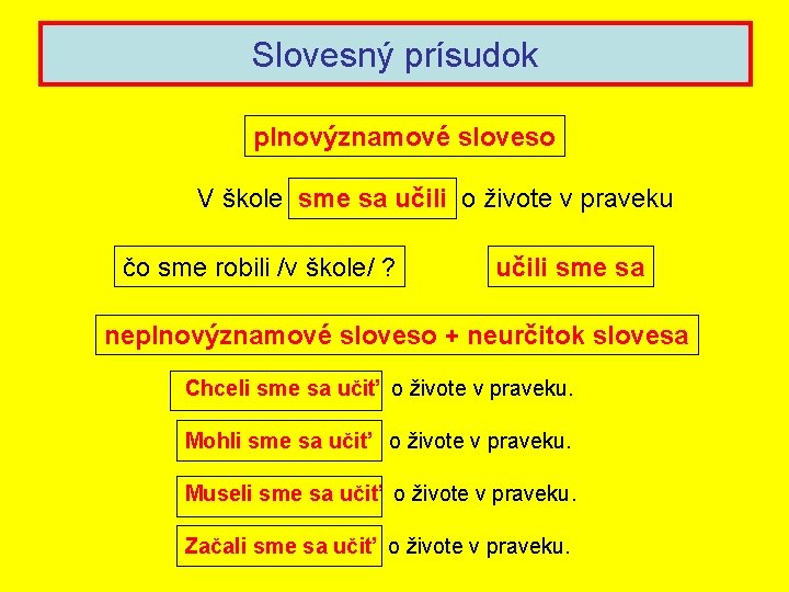 Slovesný prísudok plnovýznamové sloveso V škole sme sa učili o živote v praveku čo