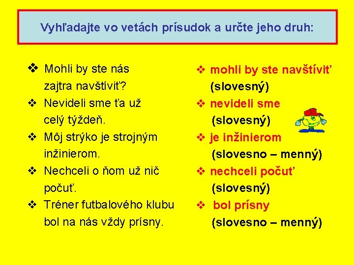Vyhľadajte vo vetách prísudok a určte jeho druh: v Mohli by ste nás v