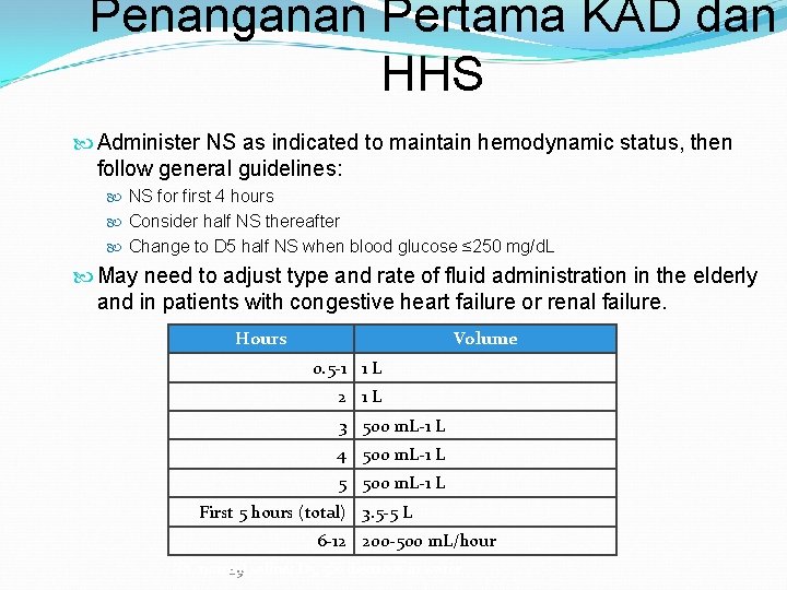 Penanganan Pertama KAD dan HHS Administer NS as indicated to maintain hemodynamic status, then