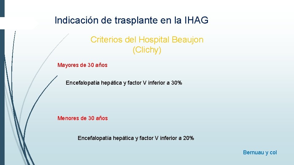 Indicación de trasplante en la IHAG Criterios del Hospital Beaujon (Clichy) Mayores de 30 Indicación de trasplante en la IHAG Criterios del Hospital Beaujon (Clichy) Mayores de 30
