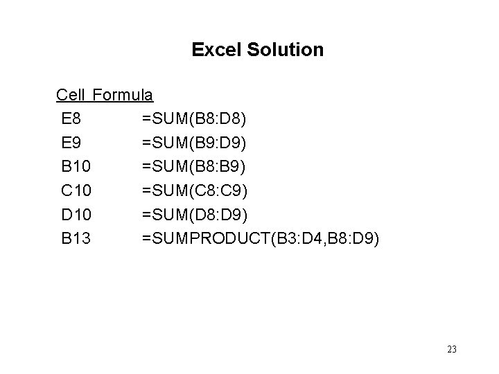 Excel Solution Cell Formula E 8 =SUM(B 8: D 8) E 9 =SUM(B 9: