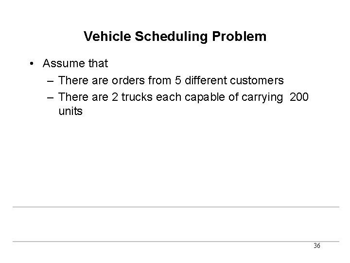 Vehicle Scheduling Problem • Assume that – There are orders from 5 different customers