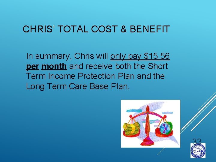 CHRIS’ TOTAL COST & BENEFIT In summary, Chris will only pay $15. 56 per