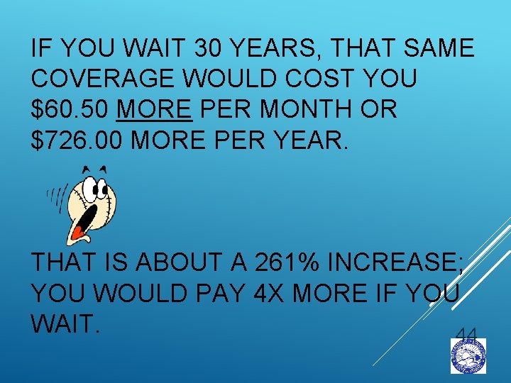 IF YOU WAIT 30 YEARS, THAT SAME COVERAGE WOULD COST YOU $60. 50 MORE