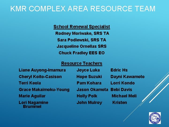 KMR COMPLEX AREA RESOURCE TEAM School Renewal Specialist Rodney Moriwake, SRS TA Sara Podlewski,