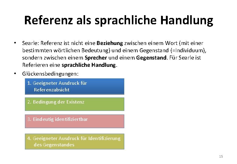 Referenz als sprachliche Handlung • Searle: Referenz ist nicht eine Beziehung zwischen einem Wort