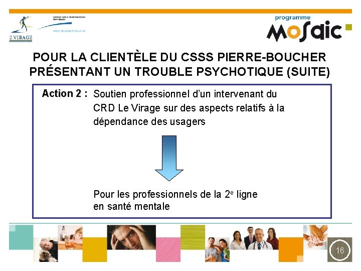 POUR LA CLIENTÈLE DU CSSS PIERRE-BOUCHER PRÉSENTANT UN TROUBLE PSYCHOTIQUE (SUITE) Action 2 :