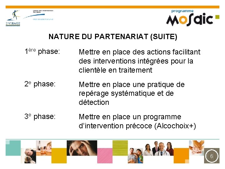NATURE DU PARTENARIAT (SUITE) 1ère phase: Mettre en place des actions facilitant des interventions