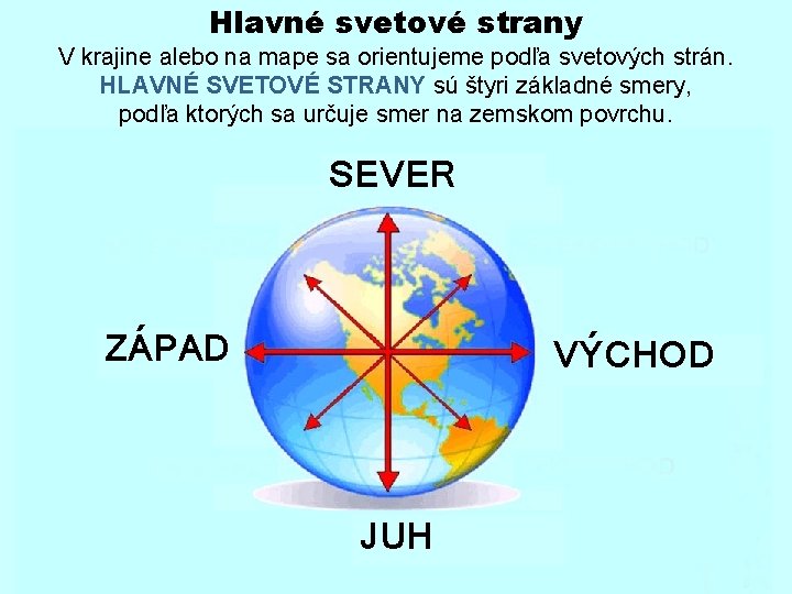 Hlavné svetové strany V krajine alebo na mape sa orientujeme podľa svetových strán. HLAVNÉ