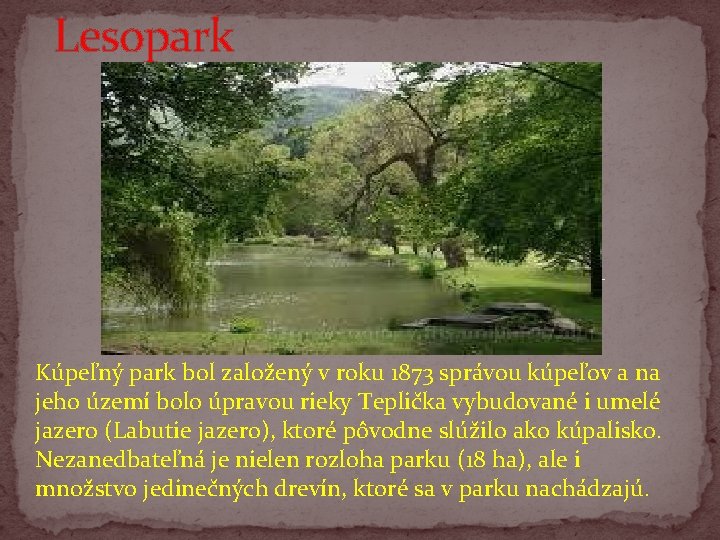 Lesopark Kúpeľný park bol založený v roku 1873 správou kúpeľov a na jeho území