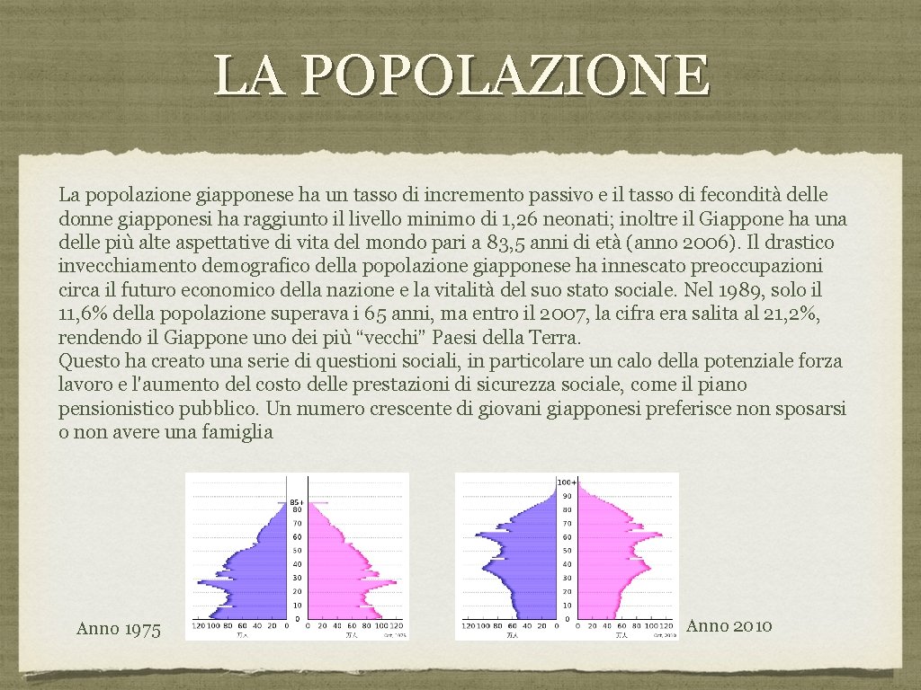 LA POPOLAZIONE La popolazione giapponese ha un tasso di incremento passivo e il tasso