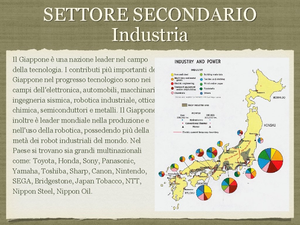 SETTORE SECONDARIO Industria Il Giappone è una nazione leader nel campo della tecnologia. I