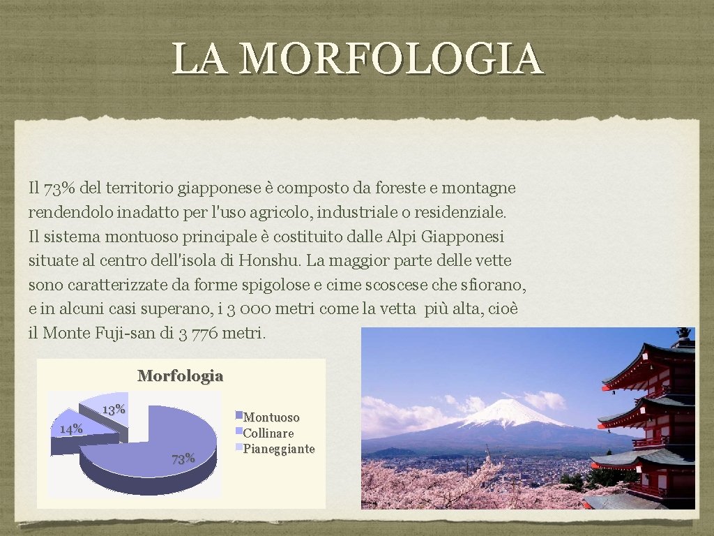 LA MORFOLOGIA Il 73% del territorio giapponese è composto da foreste e montagne rendendolo