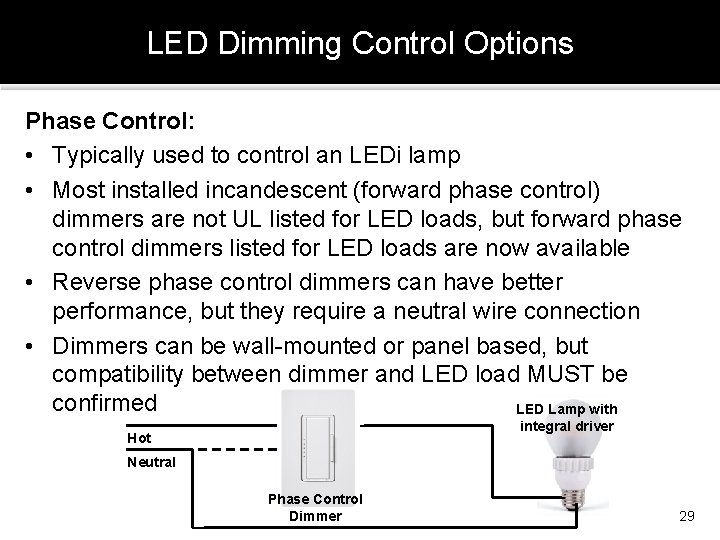 LED Dimming Control Options Phase Control: • Typically used to control an LEDi lamp