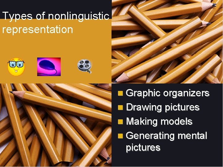 Types of nonlinguistic representation n Graphic organizers n Drawing pictures n Making models n