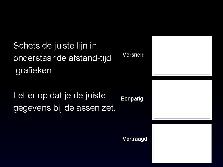 Schets de juiste lijn in onderstaande afstand-tijd grafieken. Versneld Let er op dat je