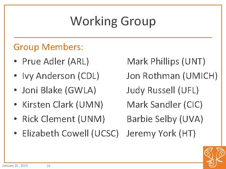 Working Group Members: • Prue Adler (ARL) Mark Phillips (UNT) • Ivy Anderson (CDL)