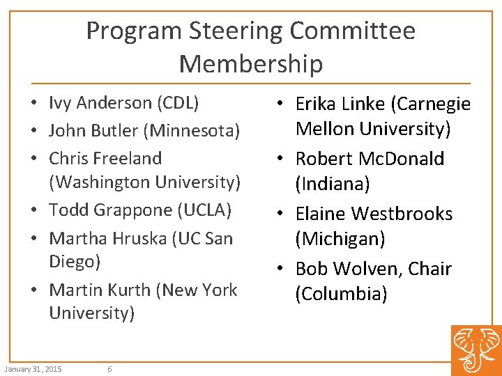 Program Steering Committee Membership • Ivy Anderson (CDL) • John Butler (Minnesota) • Chris