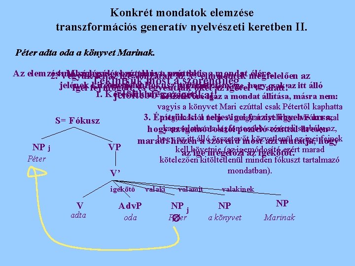 Konkrét mondatok elemzése transzformációs generatív nyelvészeti keretben II. Péter adta oda a könyvet Marinak.