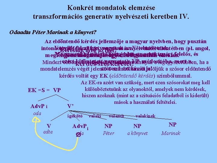 Konkrét mondatok elemzése transzformációs generatív nyelvészeti keretben IV. Odaadta Péter Marinak a könyvet? Az