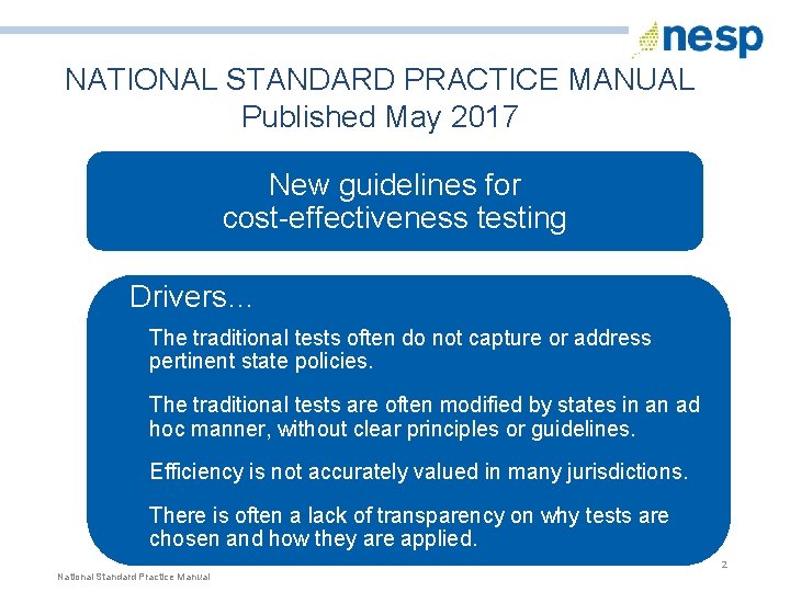 NATIONAL STANDARD PRACTICE MANUAL Published May 2017 New guidelines for cost-effectiveness testing Drivers… §