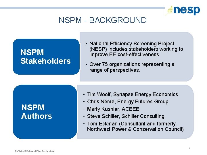 NSPM - BACKGROUND • National Efficiency Screening Project (NESP) includes stakeholders working to improve