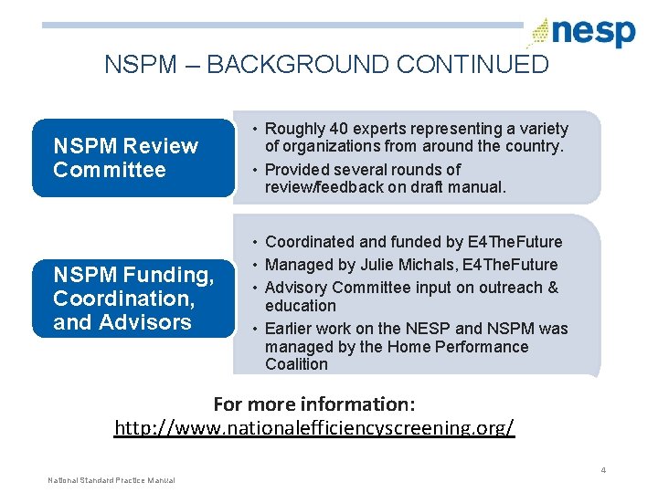 NSPM – BACKGROUND CONTINUED NSPM Review Committee • Roughly 40 experts representing a variety