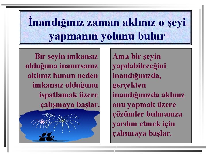 İnandığınız zaman aklınız o şeyi “ yapmanın yolunu bulur Bir şeyin imkansız olduğuna inanırsanız