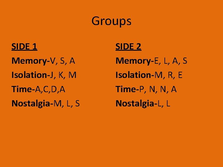 Groups SIDE 1 Memory-V, S, A Isolation-J, K, M Time-A, C, D, A Nostalgia-M,