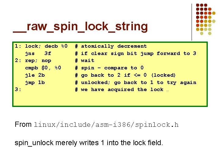 __raw_spin_lock_string 1: lock; decb %0 jns 3 f 2: rep; nop cmpb $0, %0 __raw_spin_lock_string 1: lock; decb %0 jns 3 f 2: rep; nop cmpb $0, %0