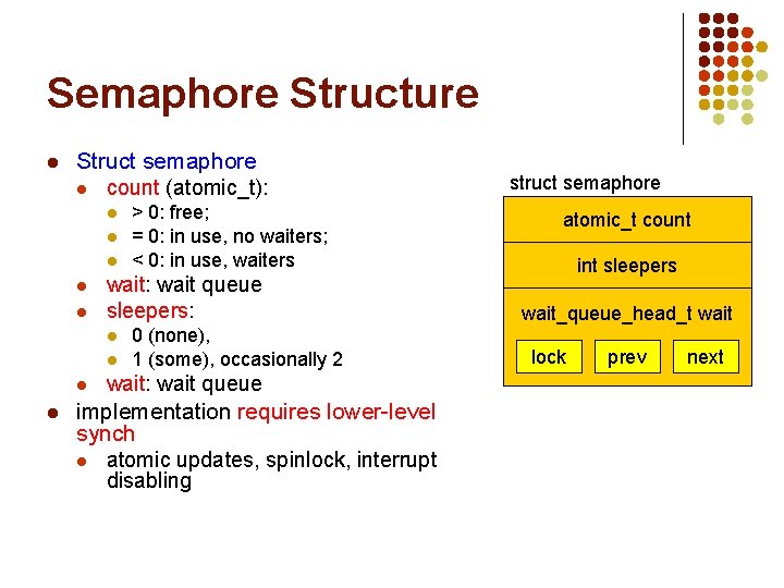 Semaphore Structure l Struct semaphore l count (atomic_t): l l l wait: wait queue Semaphore Structure l Struct semaphore l count (atomic_t): l l l wait: wait queue