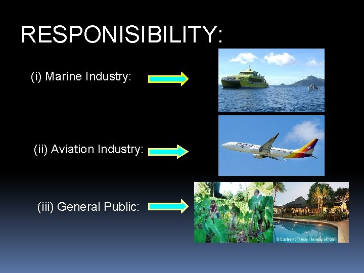 RESPONISIBILITY: (i) Marine Industry: (ii) Aviation Industry: (iii) General Public: 