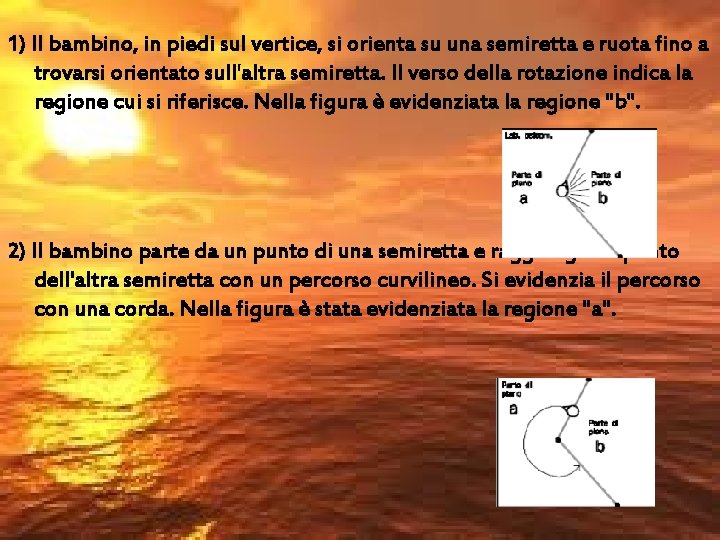 1) Il bambino, in piedi sul vertice, si orienta su una semiretta e ruota