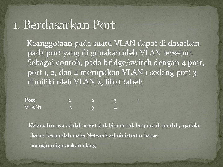 1. Berdasarkan Port Keanggotaan pada suatu VLAN dapat di dasarkan pada port yang di