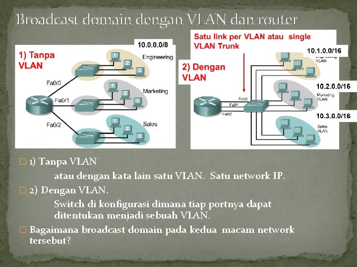 Broadcast domain dengan VLAN dan router � 1) Tanpa VLAN atau dengan kata lain