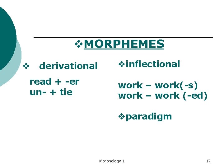 v. MORPHEMES v derivational read + -er un- + tie vinflectional work – work(-s)