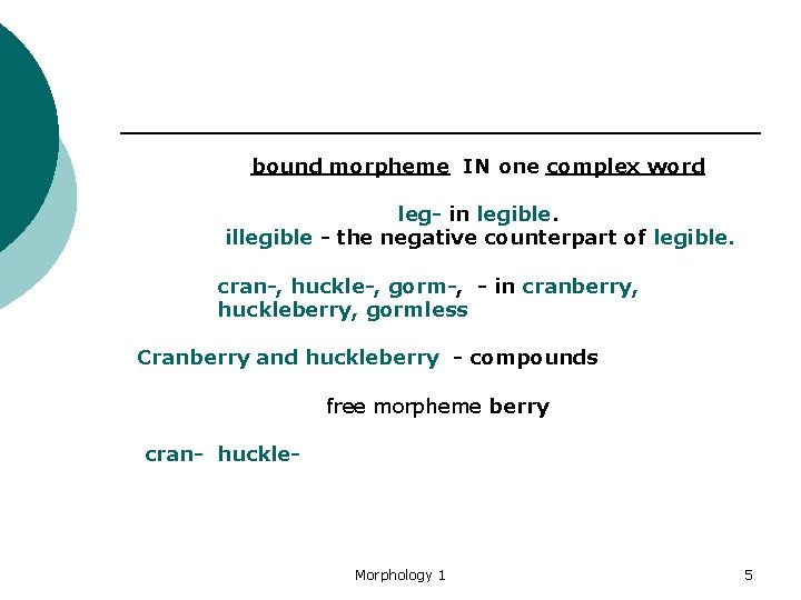  bound morpheme IN one complex word leg- in legible. illegible - the negative
