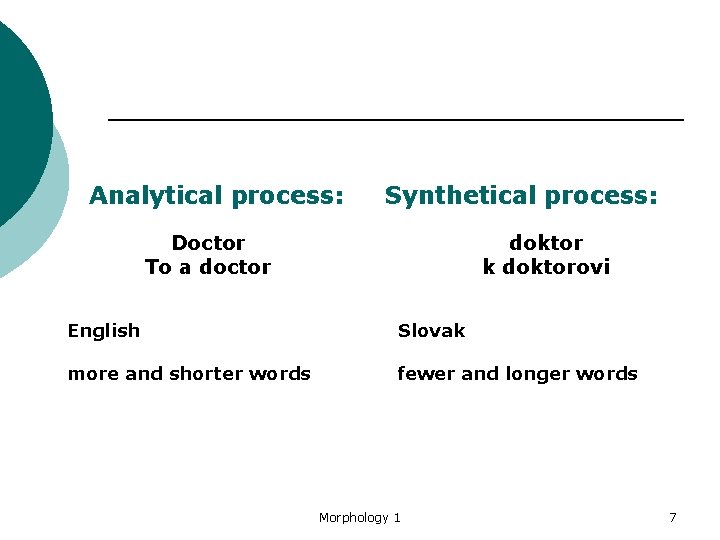 Analytical process: Synthetical process: Doctor To a doctor English doktor k doktorovi Slovak more