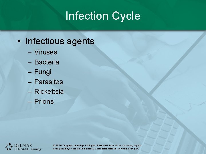 Infection Cycle • Infectious agents – – – Viruses Bacteria Fungi Parasites Rickettsia Prions