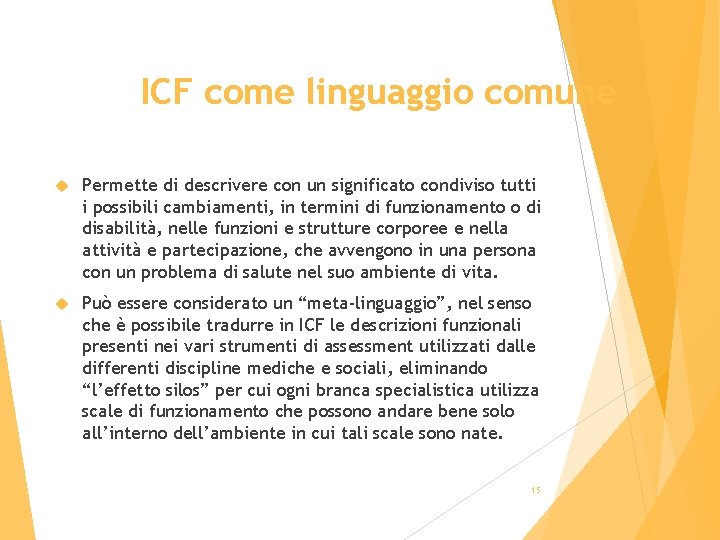 ICF come linguaggio comune Permette di descrivere con un significato condiviso tutti i possibili