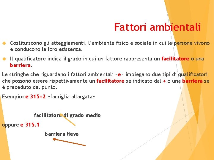 Fattori ambientali Costituiscono gli atteggiamenti, l’ambiente fisico e sociale in cui le persone vivono