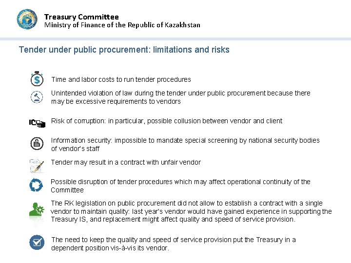 Treasury Committee Ministry of Finance of the Republic of Kazakhstan Tender under public procurement: