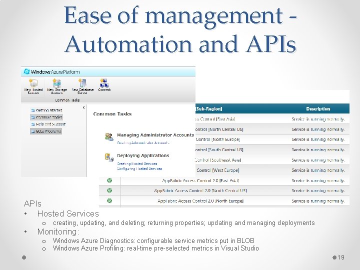 Ease of management Automation and APIs • Hosted Services • o creating, updating, and