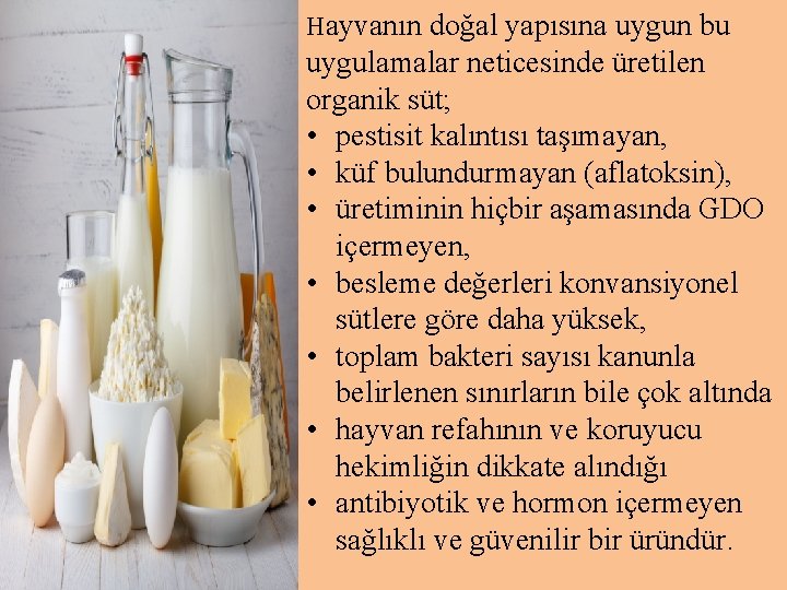 Hayvanın doğal yapısına uygun bu uygulamalar neticesinde üretilen organik süt; • pestisit kalıntısı taşımayan,