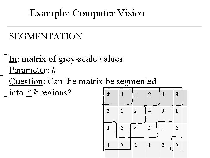 Example: Computer Vision SEGMENTATION In: matrix of grey-scale values Parameter: k Question: Can the