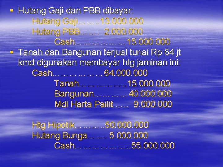 § Hutang Gaji dan PBB dibayar: Hutang Gaji……. . 13. 000 Hutang PBB……. 2. § Hutang Gaji dan PBB dibayar: Hutang Gaji……. . 13. 000 Hutang PBB……. 2.