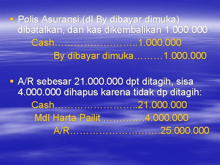 § Polis Asuransi (dl By dibayar dimuka) dibatalkan, dan kas dikembalikan 1. 000 Cash…………. § Polis Asuransi (dl By dibayar dimuka) dibatalkan, dan kas dikembalikan 1. 000 Cash………….