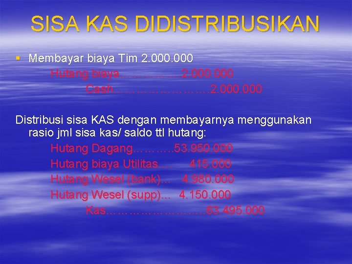 SISA KAS DIDISTRIBUSIKAN § Membayar biaya Tim 2. 000 Hutang biaya……………. 2. 000 Cash…………. SISA KAS DIDISTRIBUSIKAN § Membayar biaya Tim 2. 000 Hutang biaya……………. 2. 000 Cash………….