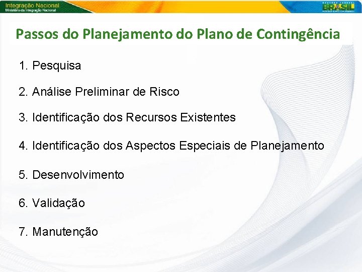 Passos do Planejamento do Plano de Contingência 1. Pesquisa 2. Análise Preliminar de Risco